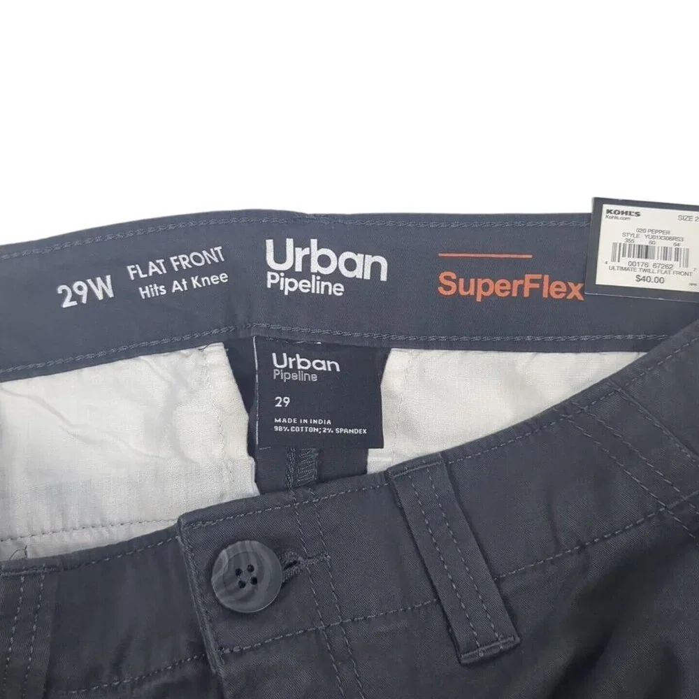 Urban Pipeline Superflex Shorts 29 Hits At The Knee Charcoal Gray Flat Front NWT